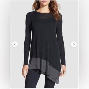 Eileen Fisher Metallic Asymmetrical Tunic Top XS Black Gray Knit Luxe Minimalist